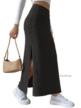 Ribbed High Waisted Pencil Maxi Skirt with Side Slit Bodycon Long Straight Skirt